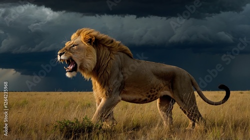 Wallpaper Mural Majestic Panthera leo Verneyi Roaring Across the Savanna as a Storm Approaches Torontodigital.ca