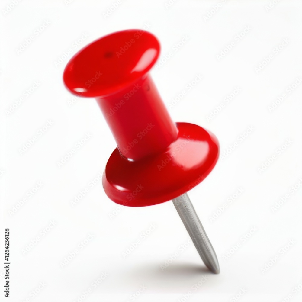 Red Round Push Pin with Small Knob on Flat Base, Silver Metal Pin on White Background Red Round Push Pin with Small Knob on Flat Base, Silver Metal Pin on White Background