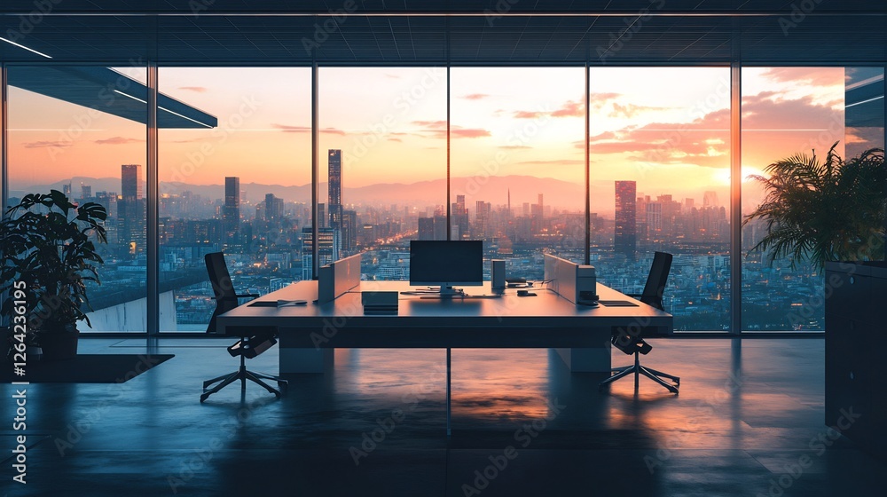 Fototapeta premium Serene Sunset Cityscape: Modern Office Panorama