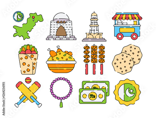 A colorful flat design illustration set featuring iconic Pakistan elements, including landmarks, food, culture symbols, and national monuments. Perfect for cultural projects!