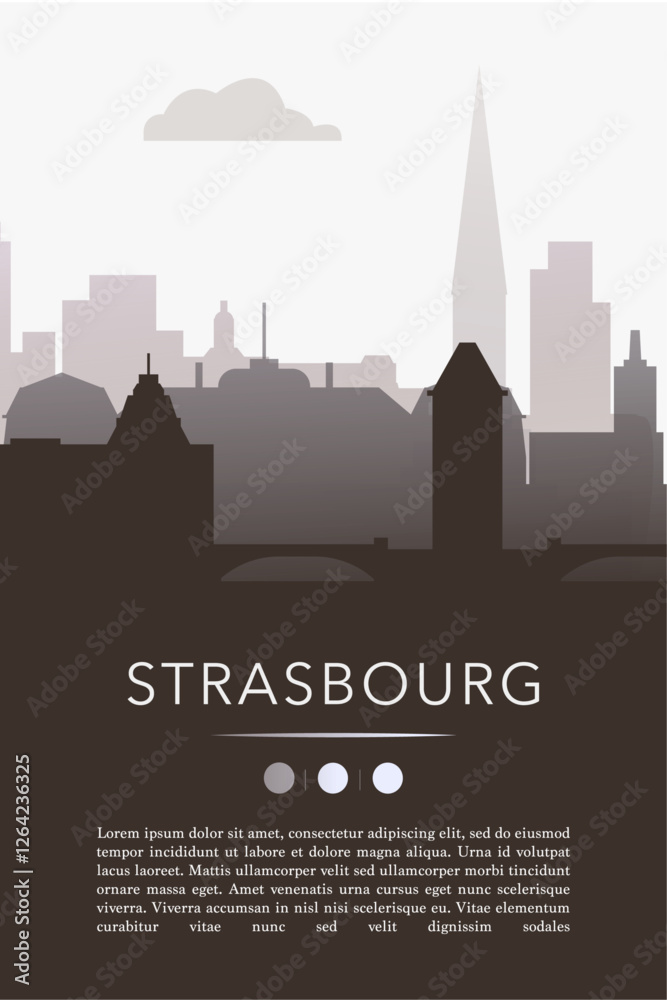Obraz premium Strasbourg city template for website, presentation, front page, invitation, publication sheet with skyline, landmarks. Vector France image layout, simple and grayscale