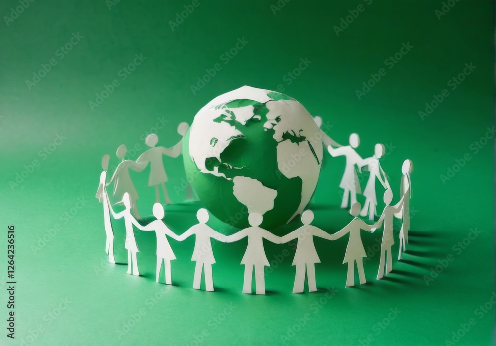 Unity and Collaboration: Paper cutouts of people holding hands around a green globe symbolize teamwork and global unity. Unity and Collaboration: Paper cutouts of people holding hands around a green globe symbolize teamwork and global unity.