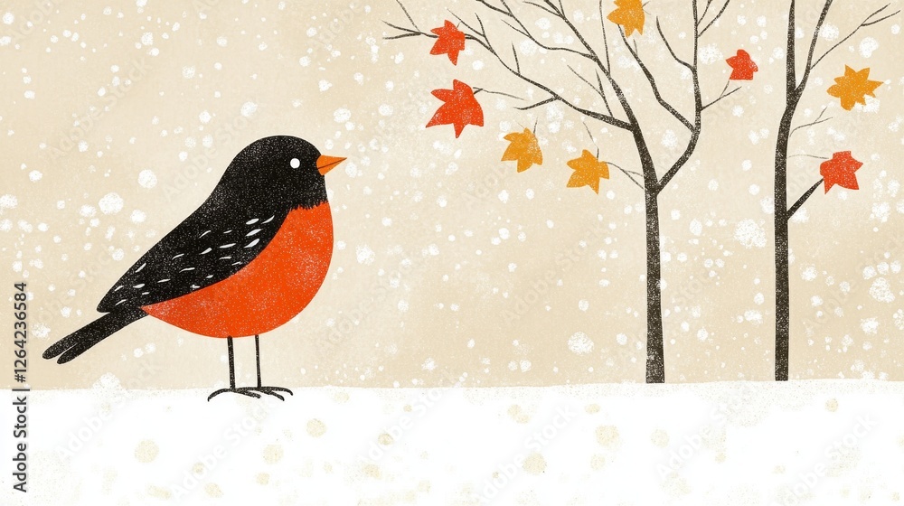 Fototapeta premium Winter's Cardinal Illustration An Ode to the Changing Seasons with Snowfall and Autumn Leaves On Bare Tree Branches