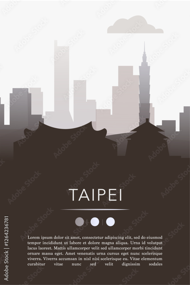 Naklejka premium Taipei city template for website, presentation, front page, invitation, publication sheet with skyline, landmarks. Vector Taiwan image layout, simple and grayscale