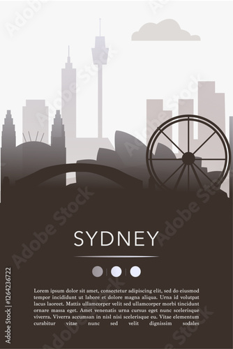 Sydney city template for website, presentation, front page, invitation, publication sheet with skyline, landmarks. Vector Australia image layout, simple and grayscale