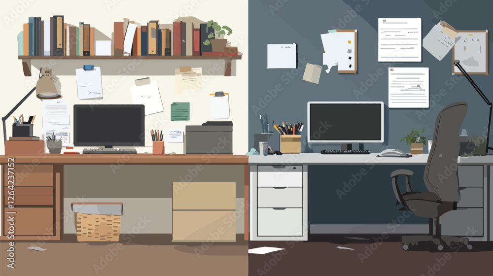Before-and-After Workspace Transformation Symbolizing Productivity Improvement, Improvement Before-and-After Workspace Transformation Symbolizing Productivity Improvement, Improvement