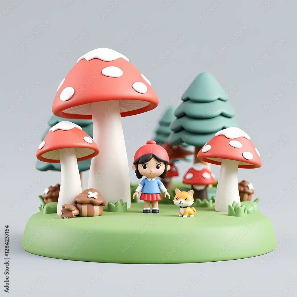 Naklejka premium A figure of a little girl and her friends in the forest.