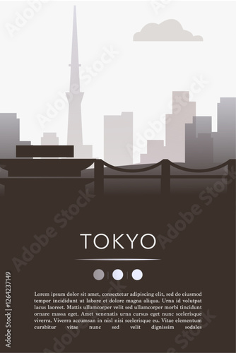 Tokyo city template for website, presentation, front page, invitation, publication sheet with skyline, landmarks. Vector Japan image layout, simple and grayscale