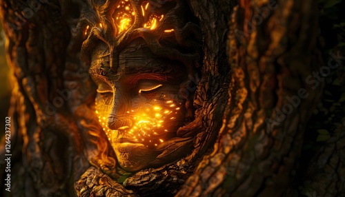 Close-up of a glowing traditional artifact carved into a surreal tree, illuminated by cinematic golden light