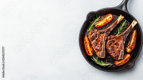 Two delicious grilled lamb chops with roasted red peppers and rosemary in a cast iron skillet, overhead shot.