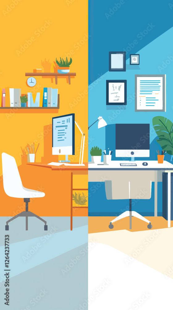 Fototapeta premium Before-and-After Workspace Transformation Symbolizing Productivity Improvement, Improvement