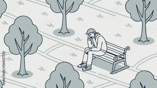 illustration of a man, exhausted from a long day, rests on a park