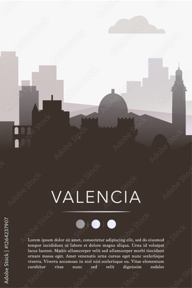 Fototapeta premium Valencia city template for website, presentation, front page, invitation, publication sheet with skyline, landmarks. Vector Spain image layout, simple and grayscale
