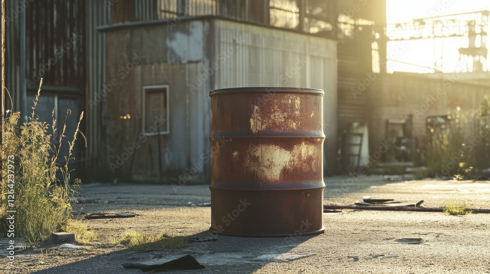 An outdoor scene with a large oil drum placed in front of a warehouse, the barrel reflecting sunlight with no visible logos, creating a gritty, industrial feel.