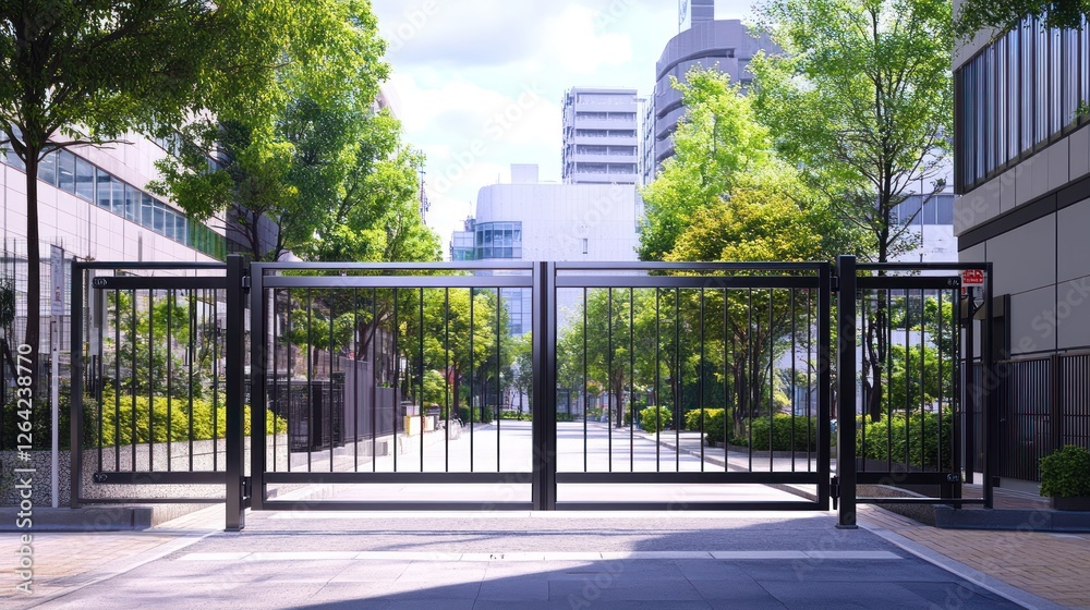 Naklejka premium Modern Black Metal Gate in Urban Setting