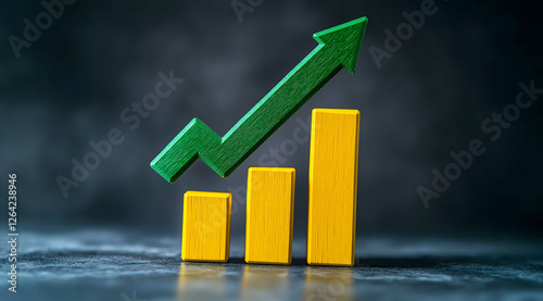 A green upwardpointing arrow on top of a yellow bar graph depicting positive growth or an A shape concept set against a dark gray background with space for tex