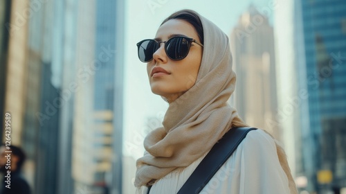 A woman with a headscarf and sunglasses, walking through a busy city street with a confident stride, surrounded by modern architecture