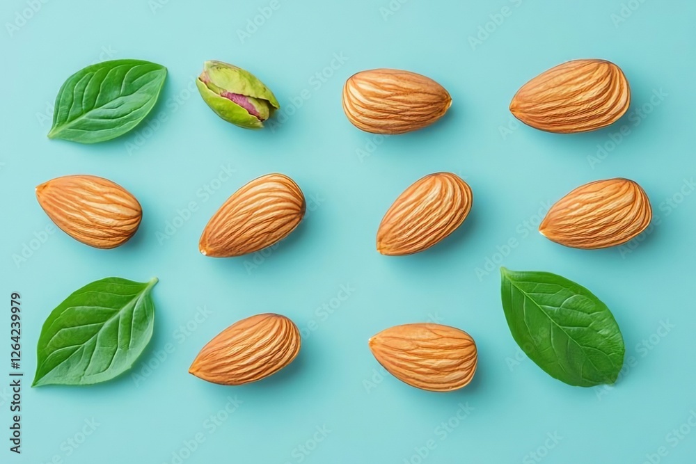 Almonds and Fresh Green Leaves on Light Blue Background Almonds and Fresh Green Leaves on Light Blue Background