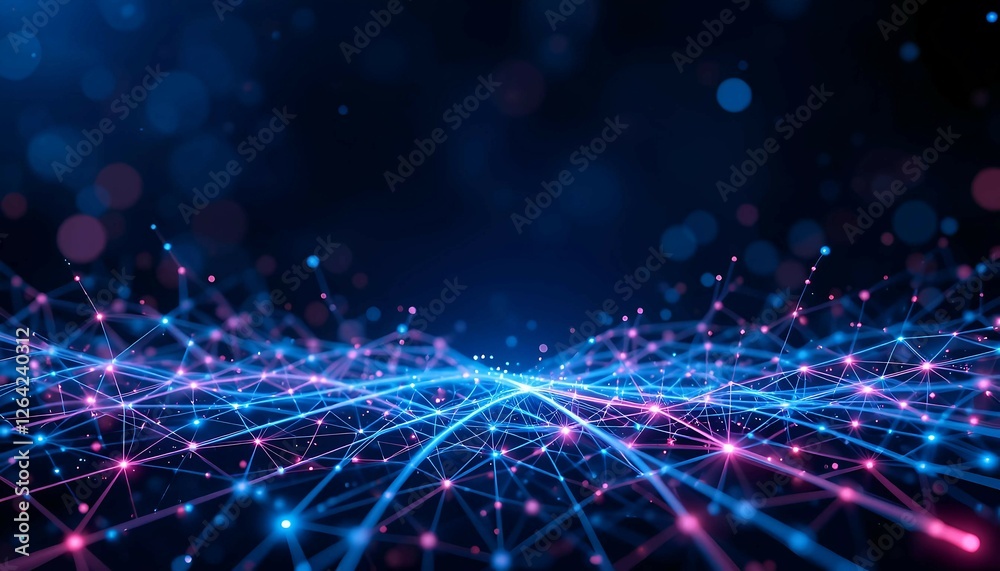 Obraz premium Abstract digital data grid with blue glow, futuristic cyber network, AI-powered information flow, blockchain technology, high-tech computing, smart data processing, virtual cyberspace visualization.