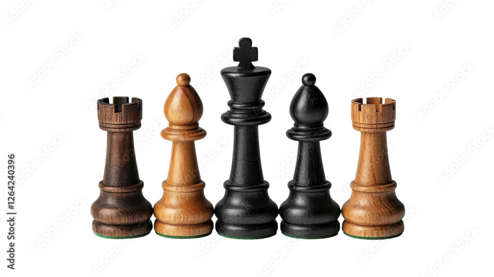 A close-up of wooden chess pieces arranged in a row, showcasing strategic gameplay and classic design. A close-up of wooden chess pieces arranged in a row, showcasing strategic gameplay and classic design.