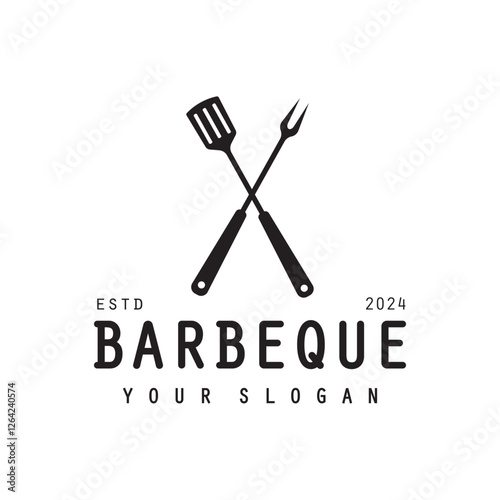 Barbeque logo design. Grill symbol with fire, spatula, and fork concept. Vintage BBQ badge vector