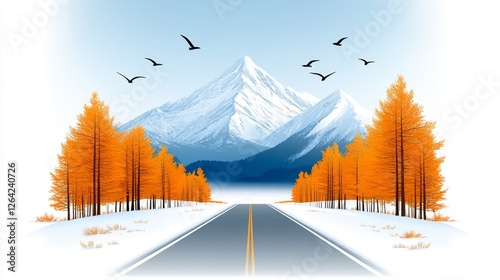 Scenic Autumn Road Leading to Majestic Mountains and Flying Birds Serene Snowy Landscape Artwork for Creative Projects