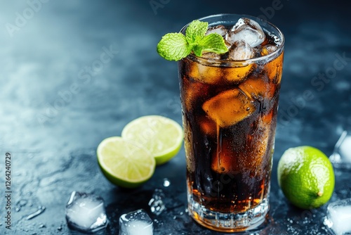 A tall glass of chilled cola with ice cubes, fresh lime, and mint garnish on a dark textured surface with condensation. Ideal for beverage promotions, summer ads, and drink branding