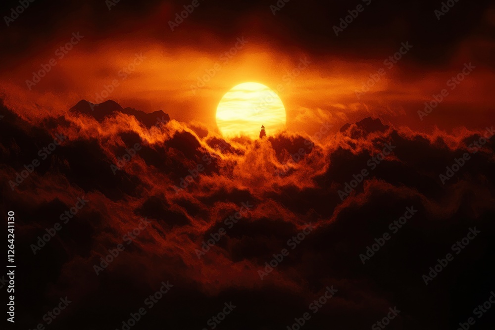 Obraz premium Silhouette stands before setting sun above clouds, warm colors glow. Serene mood