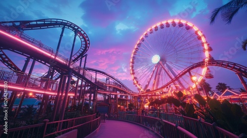 Amusement Park Night  Ferris Wheel  Rollercoaster  Neon Lights  Dusk  Funfair  Entertainme photo