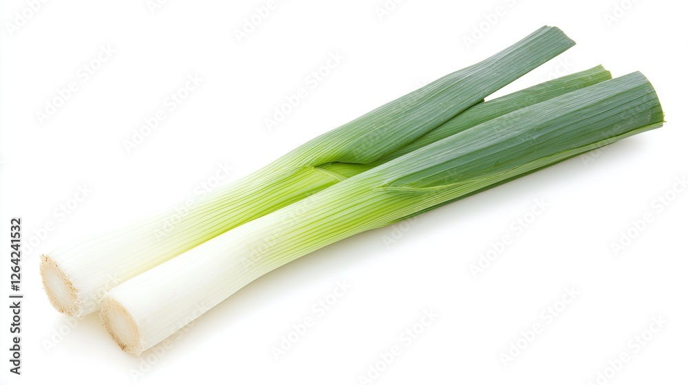 Fresh green leeks with a vibrant color contrast, isolated on a white background, ideal for culinary use Fresh green leeks with a vibrant color contrast, isolated on a white background, ideal for culinary use