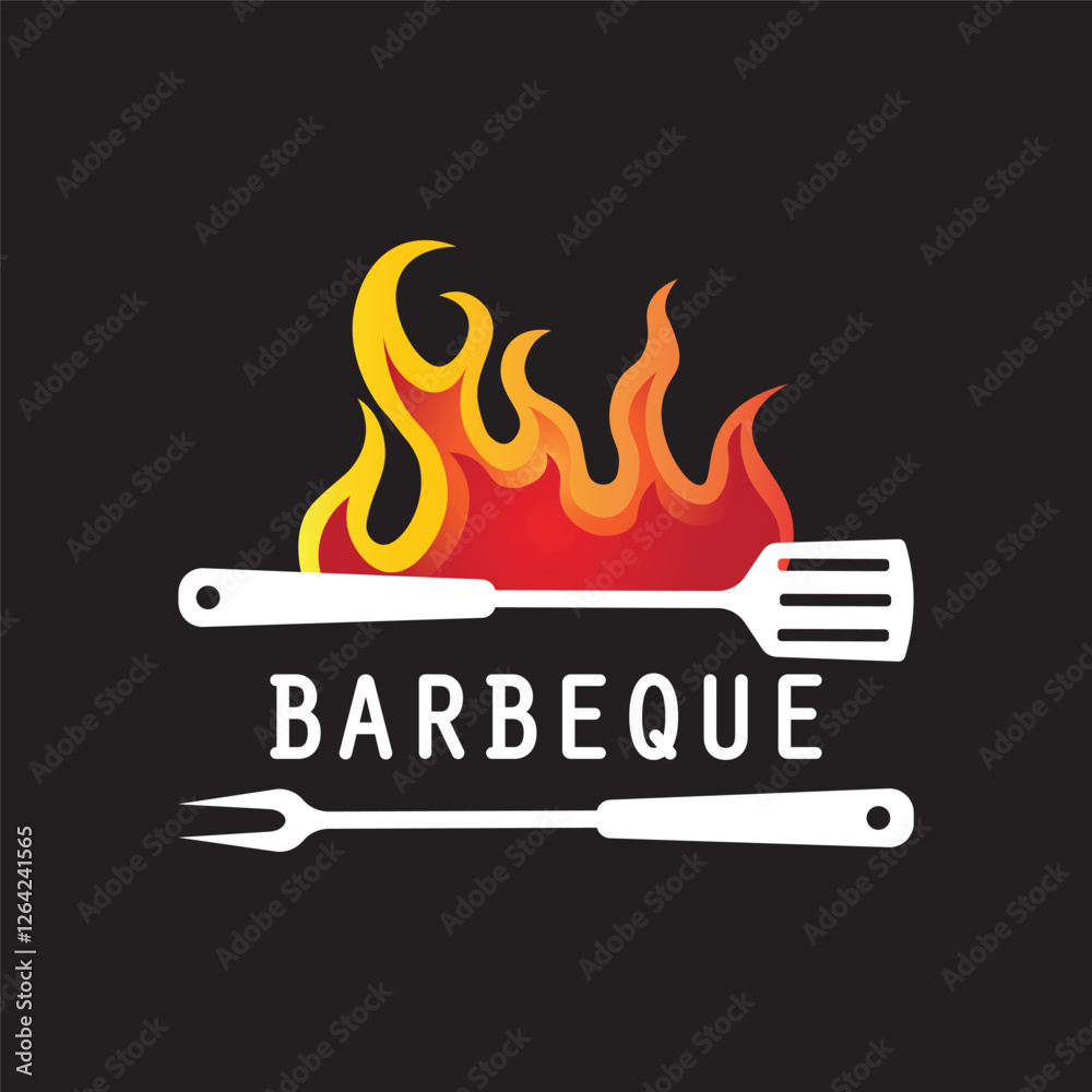 Barbeque logo design. Grill symbol with fire, spatula, and fork concept. Vintage BBQ badge vector Barbeque logo design. Grill symbol with fire, spatula, and fork concept. Vintage BBQ badge vector
