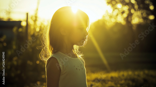 Photo of a young girl standing in the sunlight, her silhouette outlined by the warm glow, symbolizing hope and potential.