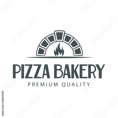 This vector illustration logo design features a silhouette of a pizza oven with a burning fire, creating a warm look, perfect for a restaurant brand, pizzeria, or culinary business.