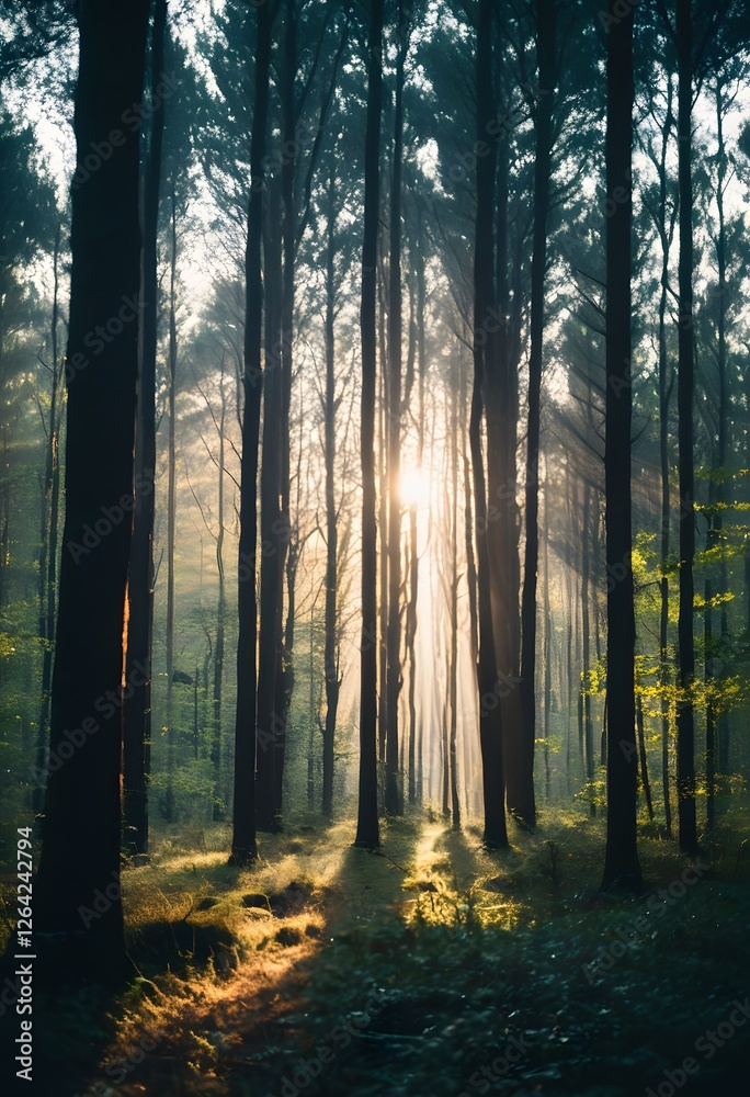 Naklejka premium Sunrise in a Dense Forest with Sunbeams