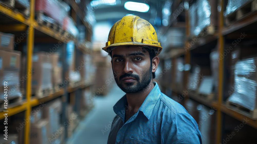 An Indian warehouse worker wearing a yellow helmet and a blue collared shirt, with the background shows warehouse shelves, boxes, and pallets, generative AI An Indian warehouse worker wearing a yellow helmet and a blue collared shirt, with the background shows warehouse shelves, boxes, and pallets, generative AI