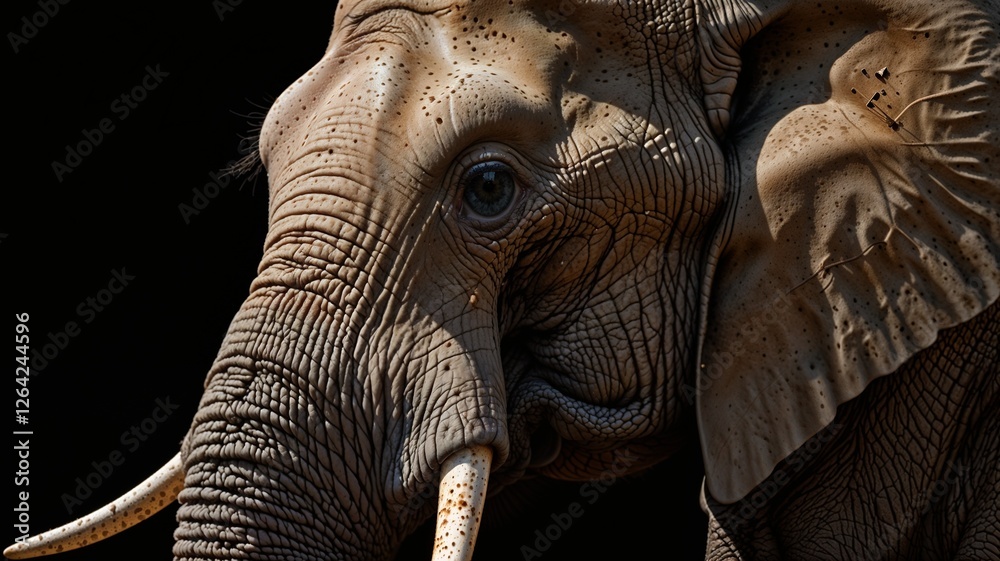 Fototapeta premium close up of an elephant with tusks, black background, Generative AI 