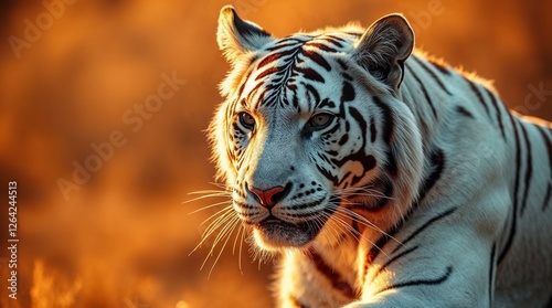 White tiger gazing fiercely into the distance with a golden sunset backdrop
 photo