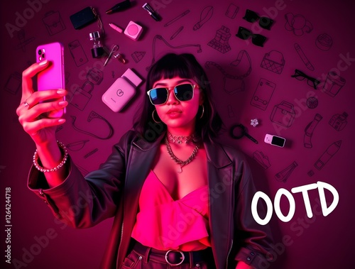 High contrast image fashion influencer taking a selfie, trendy outfit, scattered accessories, fashion icon doodles, OOTD text, electric vivid colors, intense dramatic lighting. photo