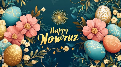 A vibrant Nowruz greeting card featuring blooming flowers, painted eggs and a rising sun, enhanced with Persian patterns and elegant 