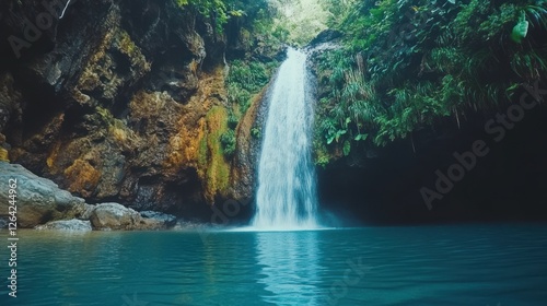 Serene Waterfall Cascading into Lush Tropical Pool