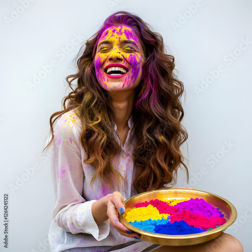 Wallpaper Mural Girl Holi Celebration Colorful Greetings and Festivities Girl holding powder plate for Holy party Torontodigital.ca