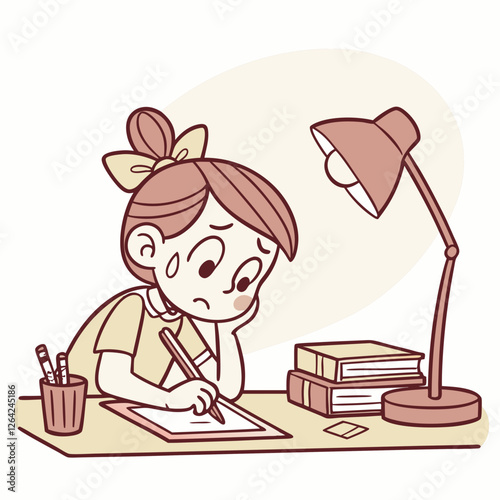 A Young Girl Concentrates on Her Studies