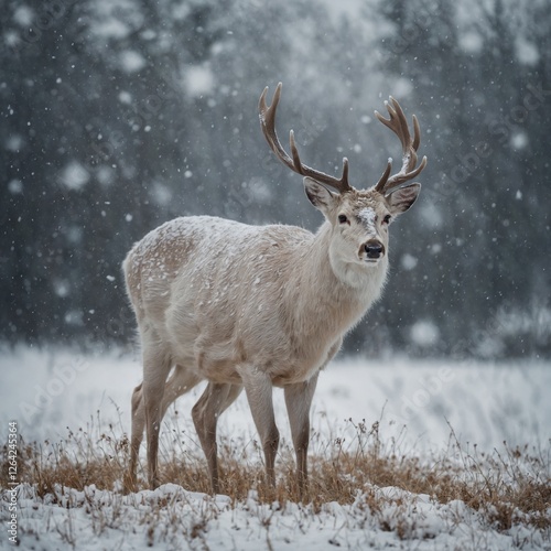 A white deer standing in a snowy meadow, surrounded by softly falling snowflakes.