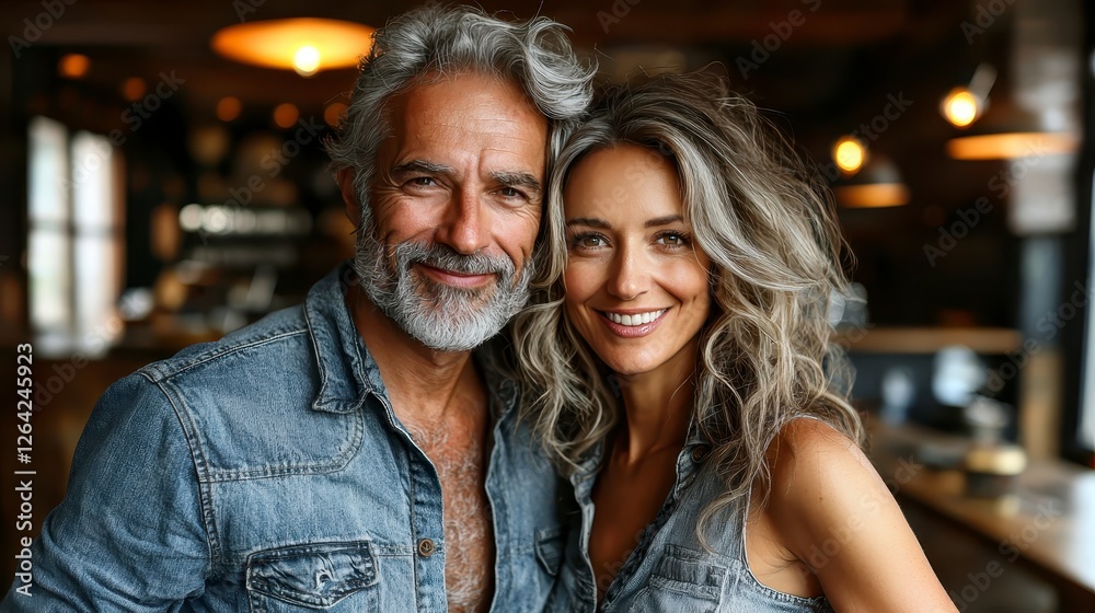 happy couple with gray and blonde hair, wearing denim outfits, smiling in cozy indoor setting. warm lighting creates welcoming atmosphere happy couple with gray and blonde hair, wearing denim outfits, smiling in cozy indoor setting. warm lighting creates welcoming atmosphere