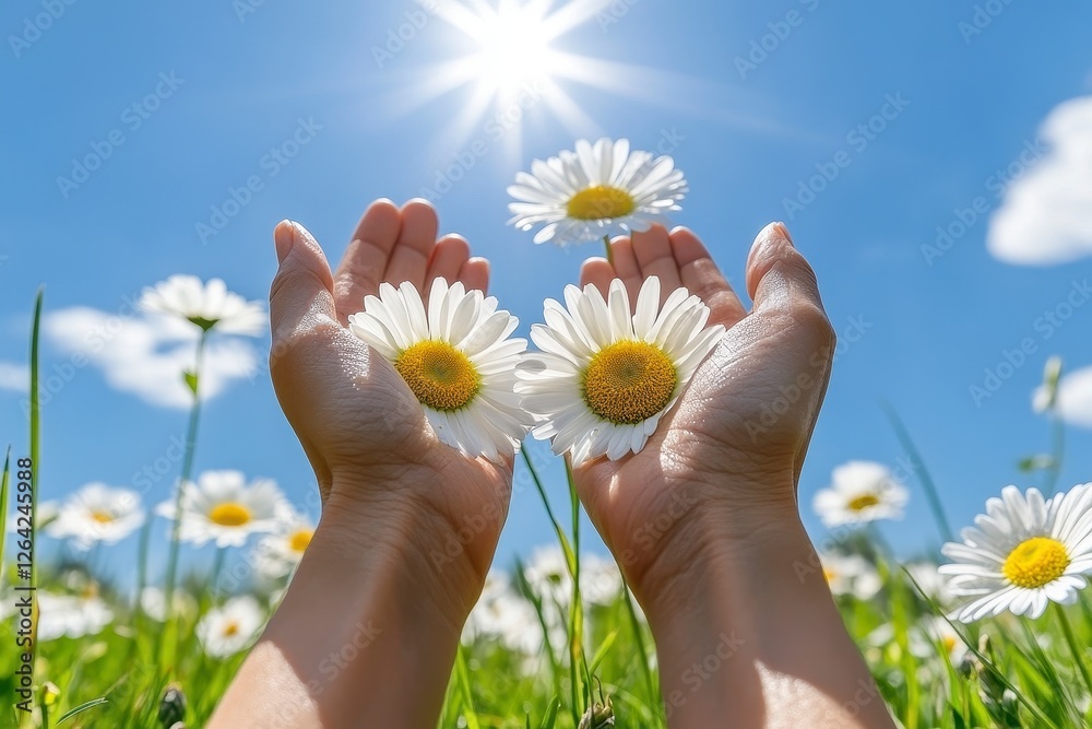 Child's Hands Holding Daisies in Sunny Field Child's Hands Holding Daisies in Sunny Field