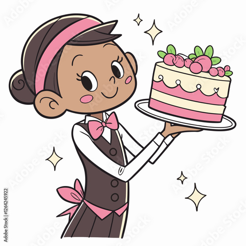 Smiling Girl Serving Delicious Layered Cake