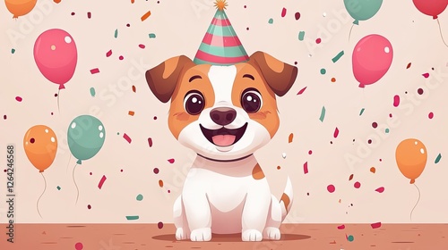 Happy dog wearing a party hat amidst colorful balloons and confetti celebrating a birthday