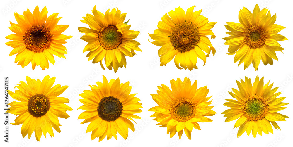 Obraz premium Sunflowers head collection isolated on white background. Sun symbol. Flowers yellow, agriculture. Seeds and oil. Flat lay, top view