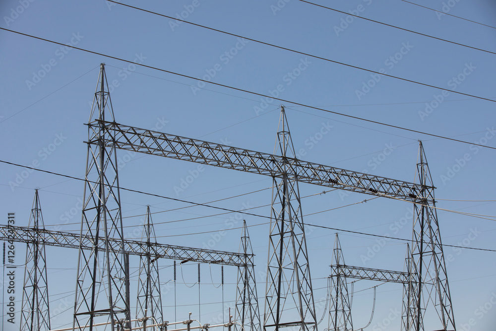 Sunny daytime view of power lines of an electrical substation in downtown Phoenix, Arizona, USA.