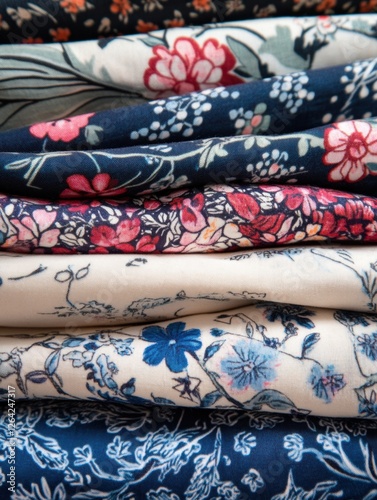 Close up view of patterned fabrics with floral designs and geometric patterns in rich colors on a textured surface. Generative AI